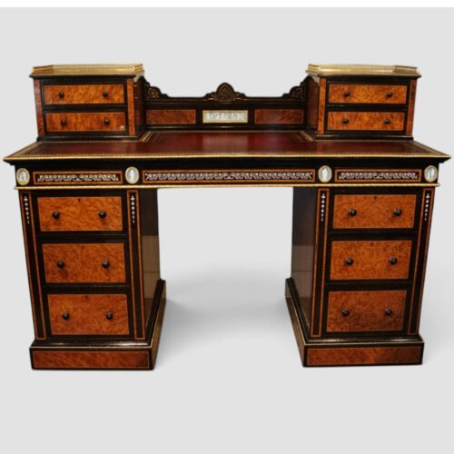 Ebonised Victorian desk with Wedgwood plaques