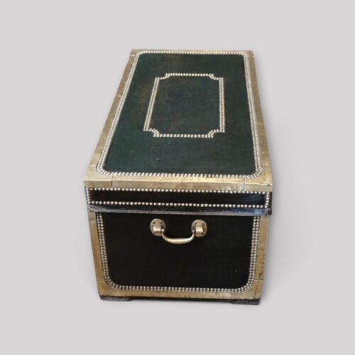 Regency green leather brass‑bound antique trunk