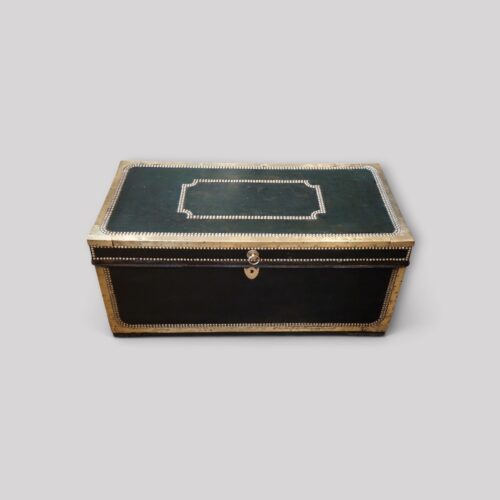 Regency brass‑bound storage chest in green leather