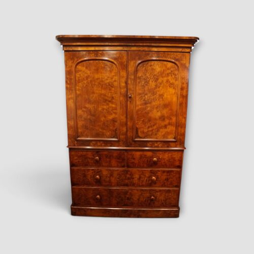 Victorian burr walnut linen press front view